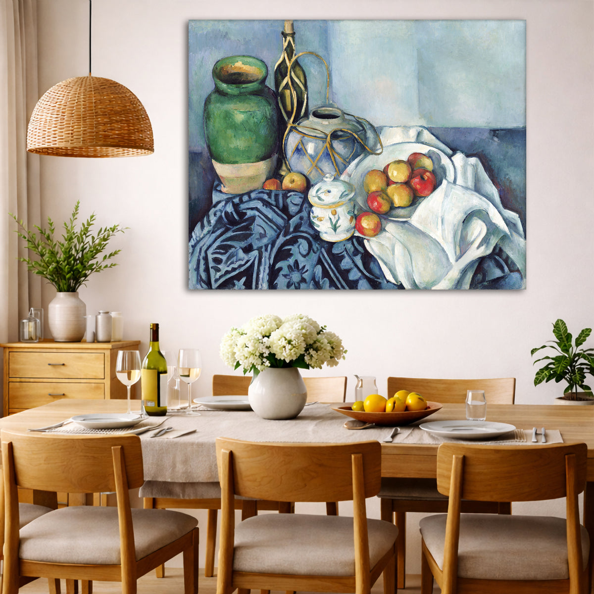 Paul Cézanne - Still Life with Apples Giclée canvas wall art displayed in a dining room interior