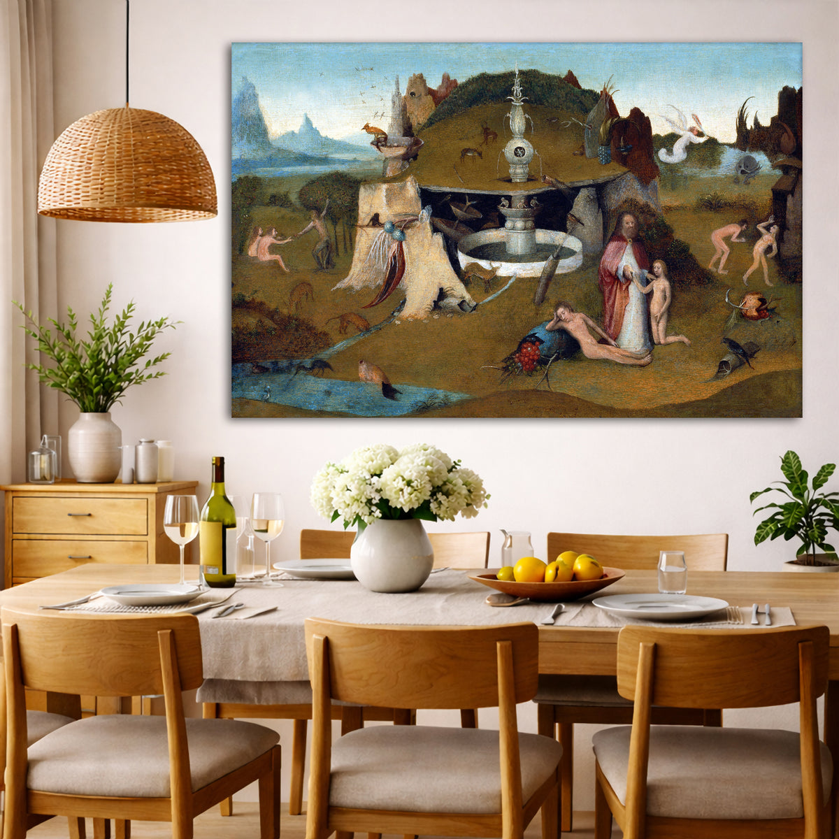 Hieronymus Bosch - Paradise Giclée canvas wall art displayed in a dining room interior