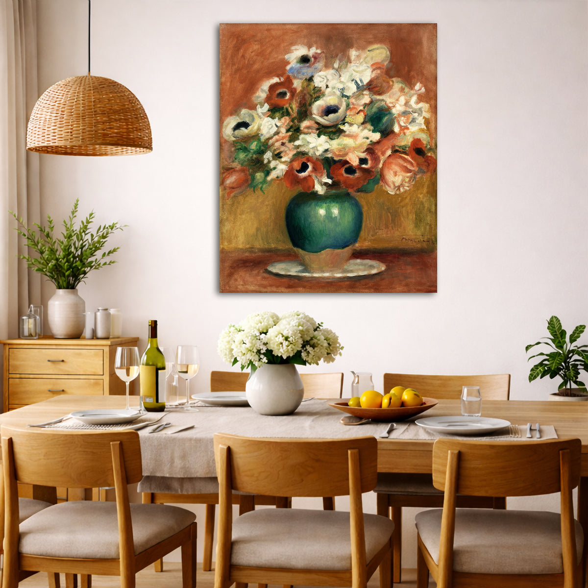 Pierre-Auguste Renoir - Flowers Giclée canvas wall art displayed in a dining room interior