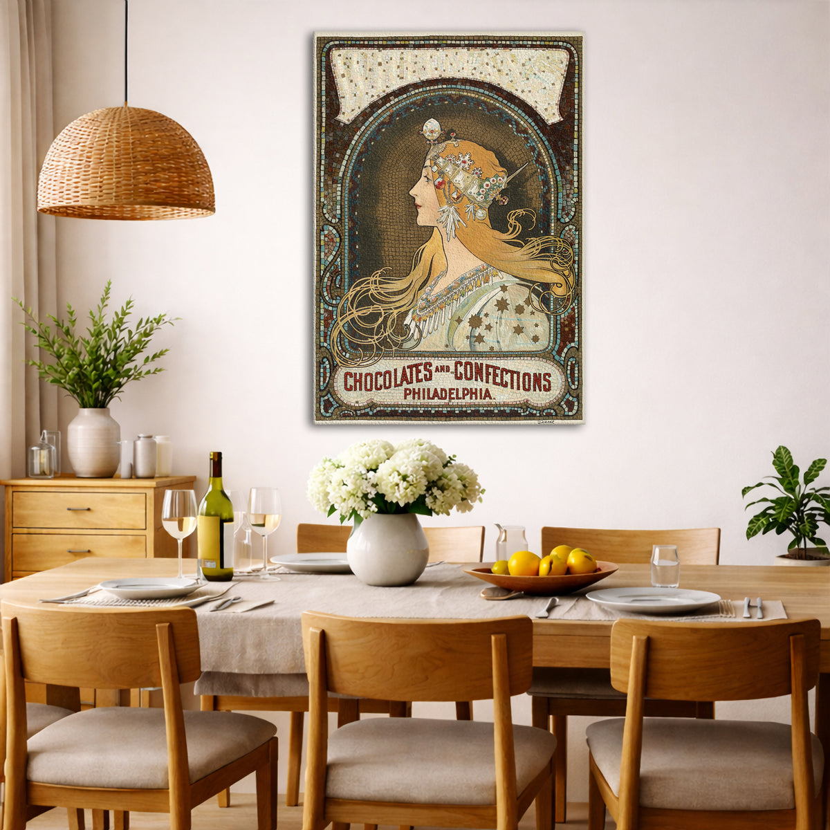 Alphonse Mucha - – Zodiac Giclée canvas wall art displayed in a dining room interior