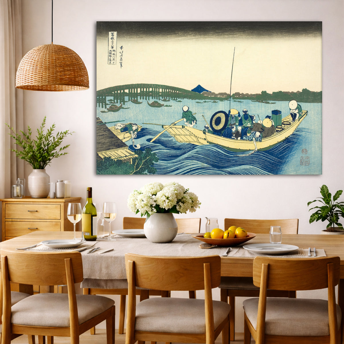 Katsushika Hokusai - Sunset at Ryogoku Bridge Giclée canvas wall art displayed in a dining room interior