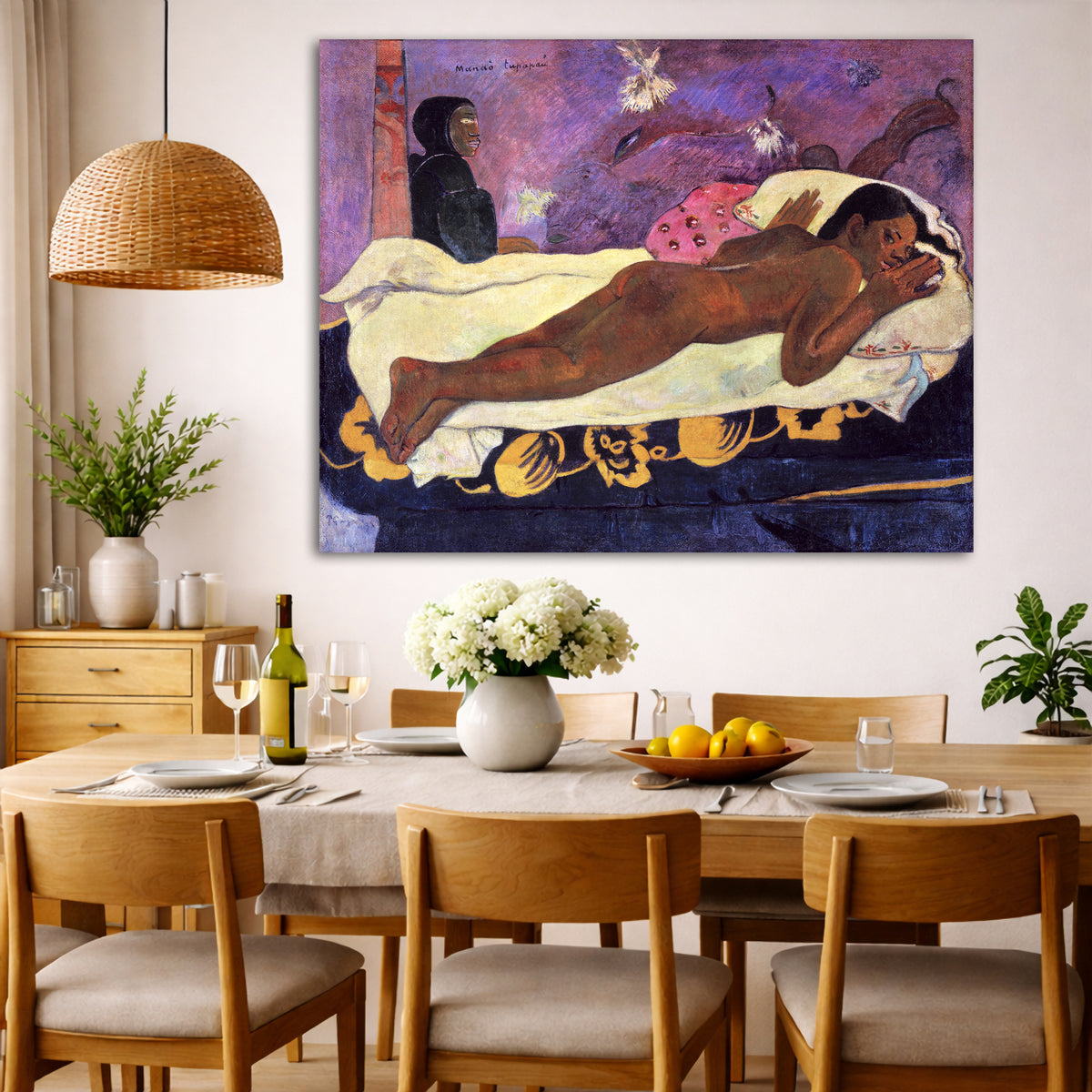 Paul Gauguin - Spirit of the Dead Keeps Watch Giclée canvas wall art displayed in a dining room interior