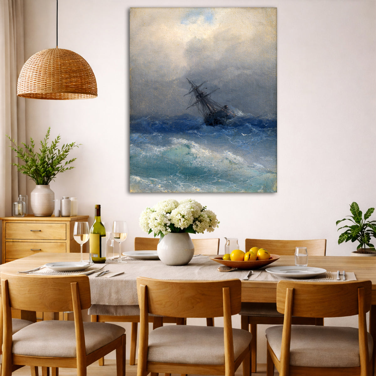 Ivan Aivazovsky - Shipwreck Giclée canvas wall art displayed in a dining room interior
