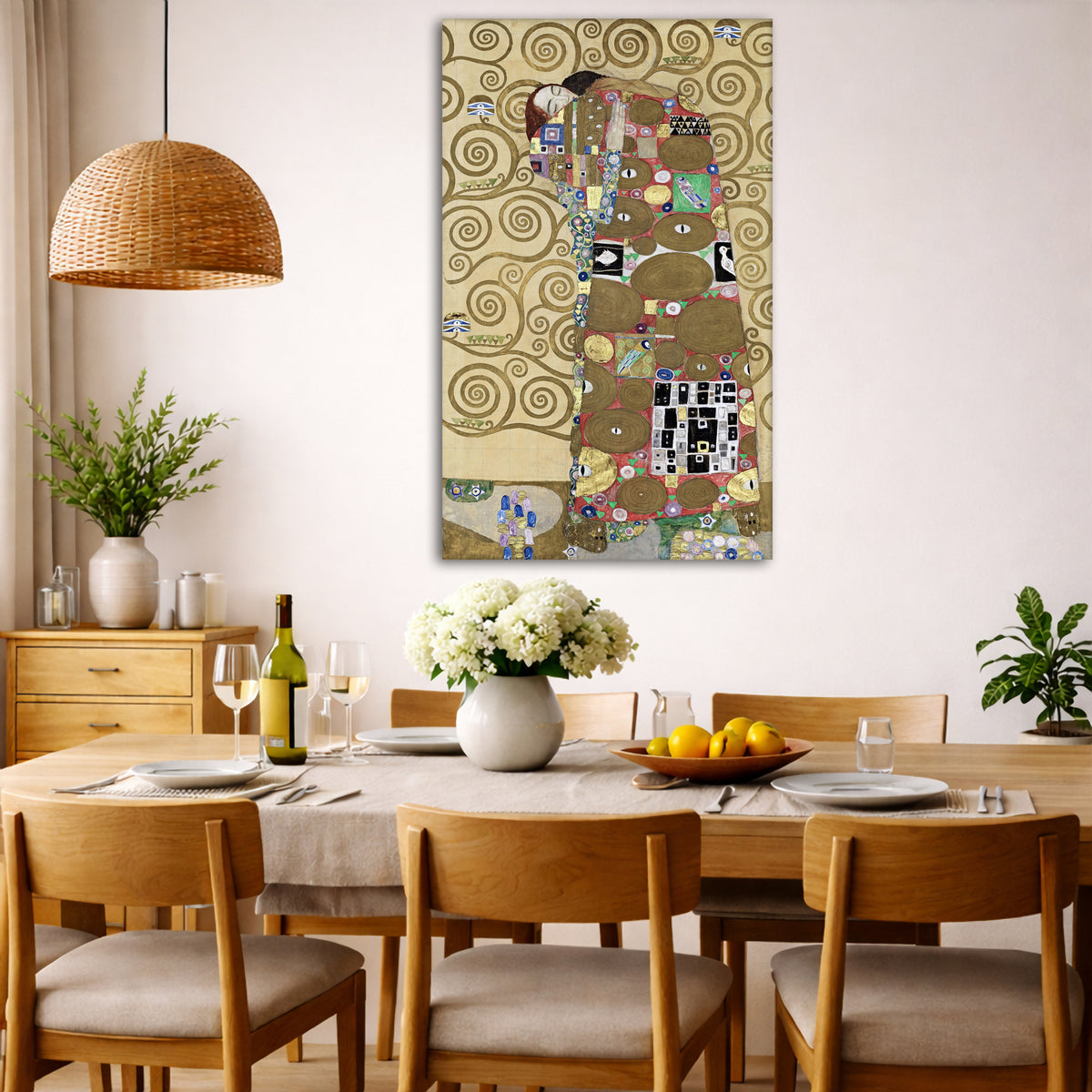 Gustav Klimt - Fulfillment Giclée canvas wall art displayed in a dining room interior