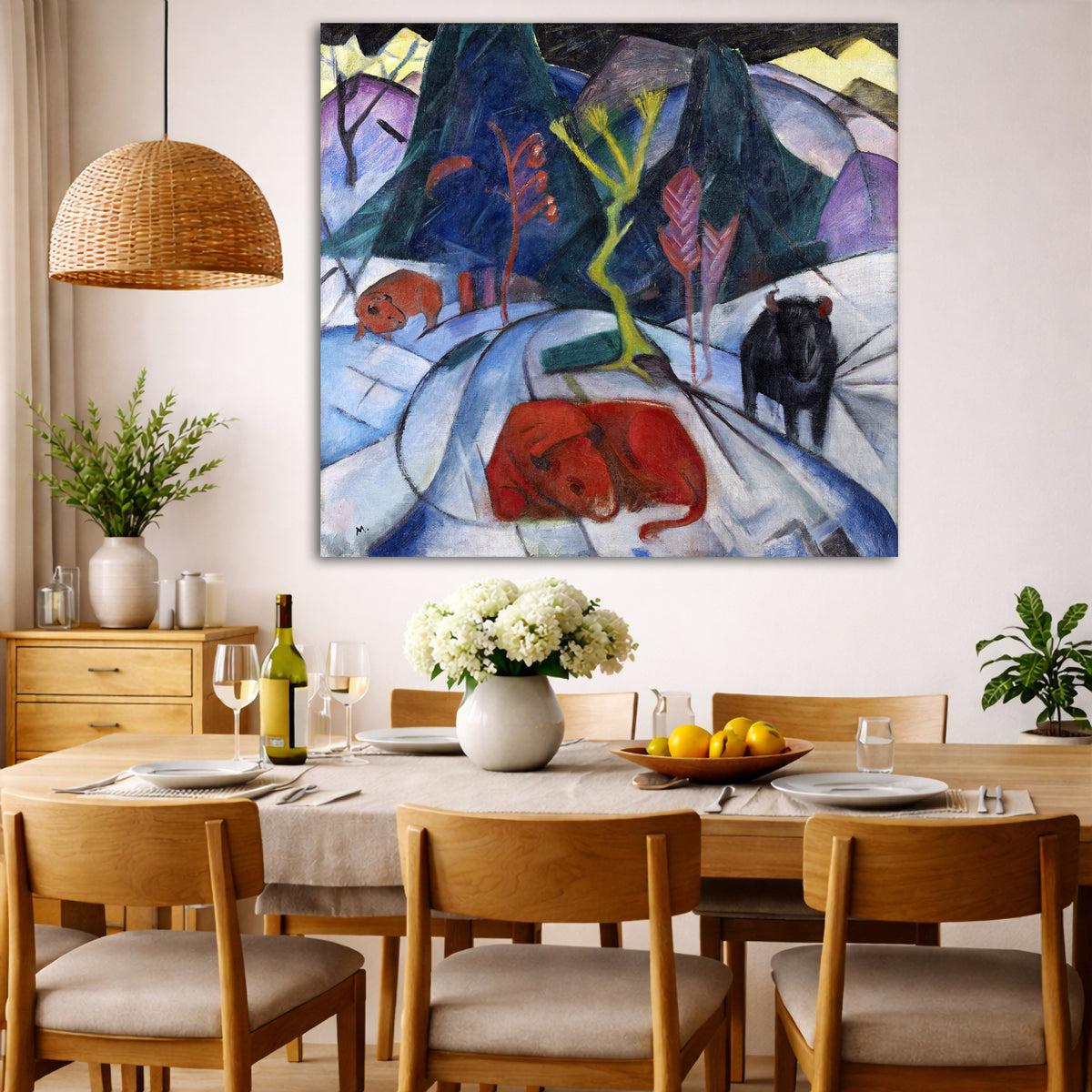 Franz Marc - Red Bison in Winter Giclée canvas wall art displayed in a dining room interior