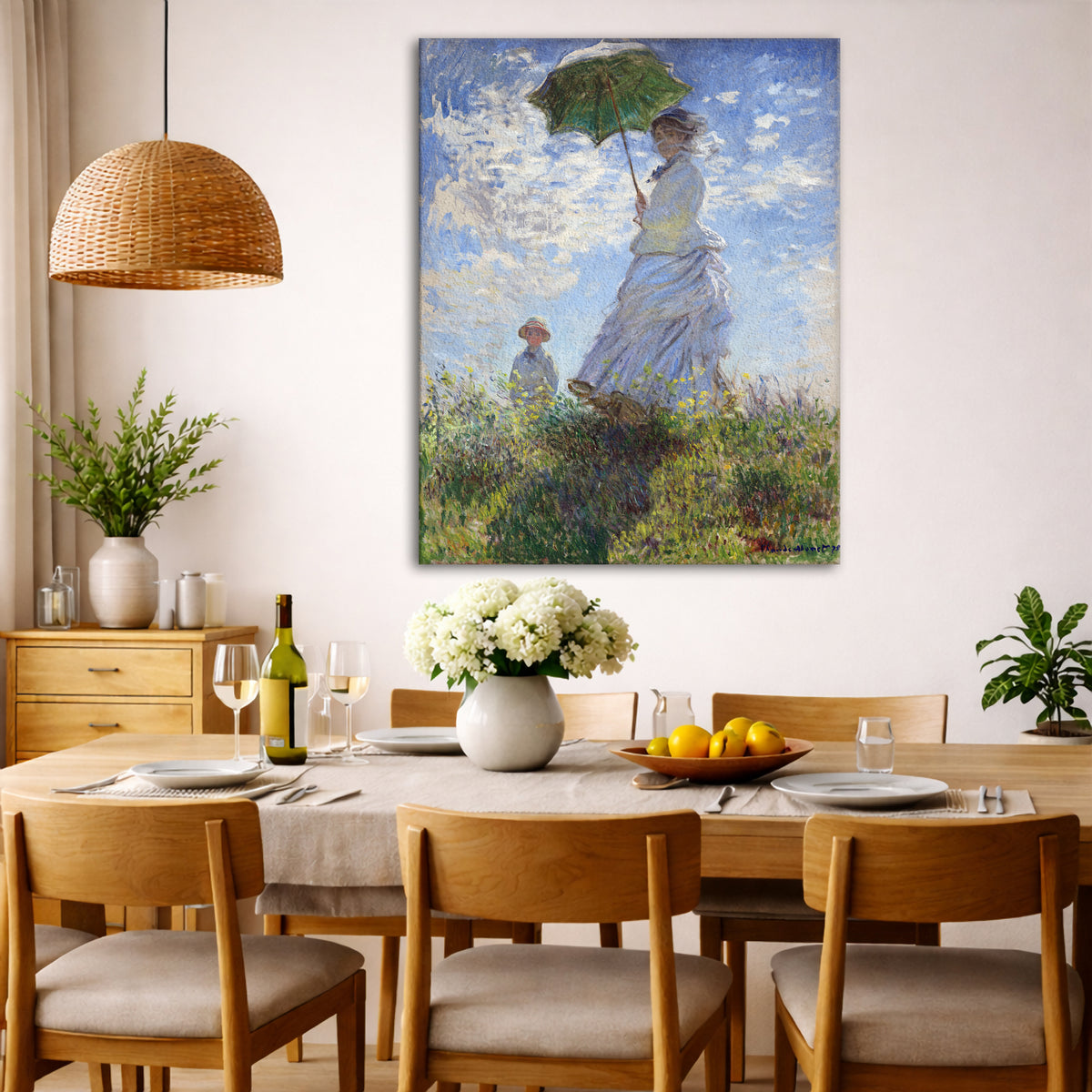 Claude Monet - Woman with Parasol Giclée canvas wall art displayed in a dining room interior