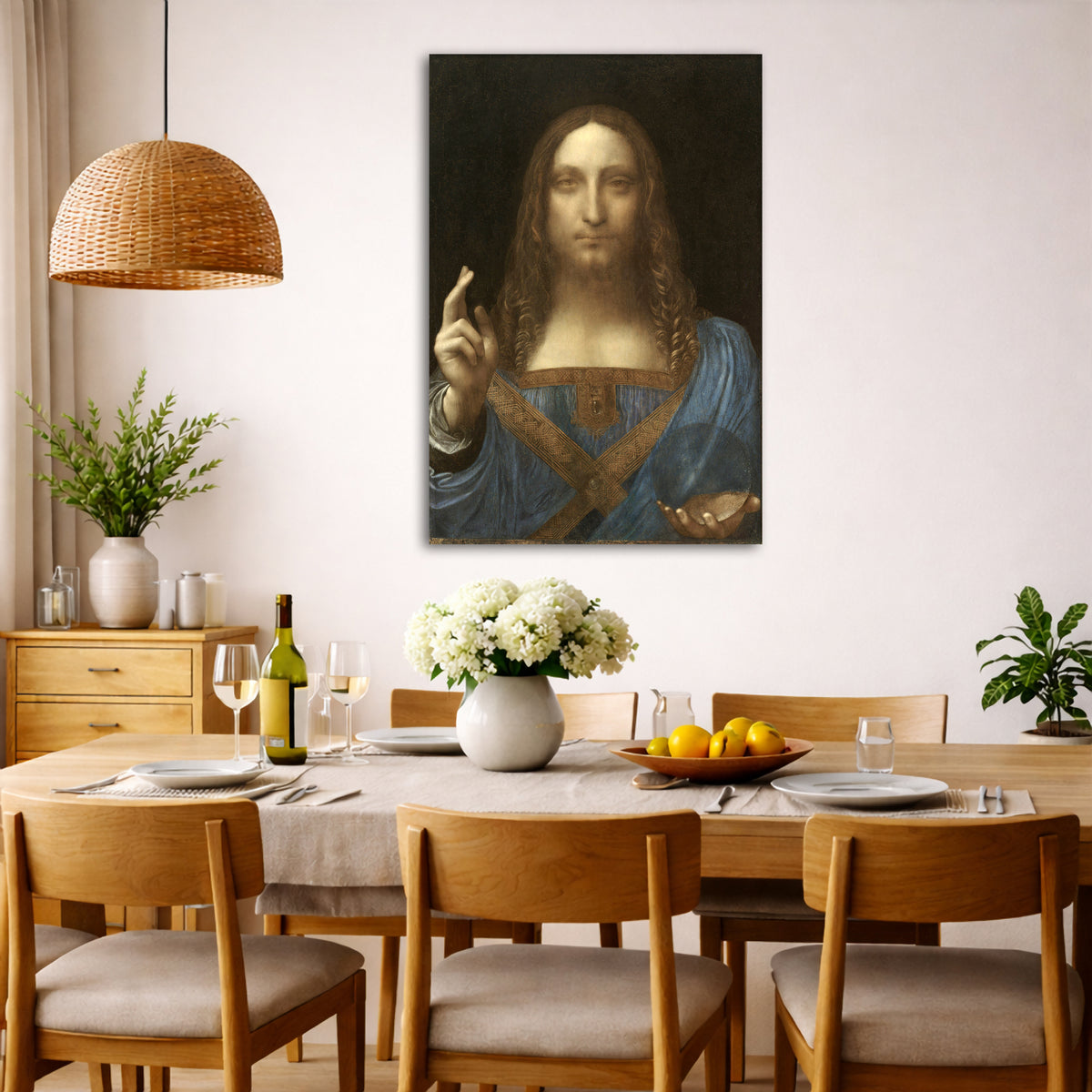 Leonardo Da Vinci - Salvator Mundi Giclée canvas wall art displayed in a dining room interior