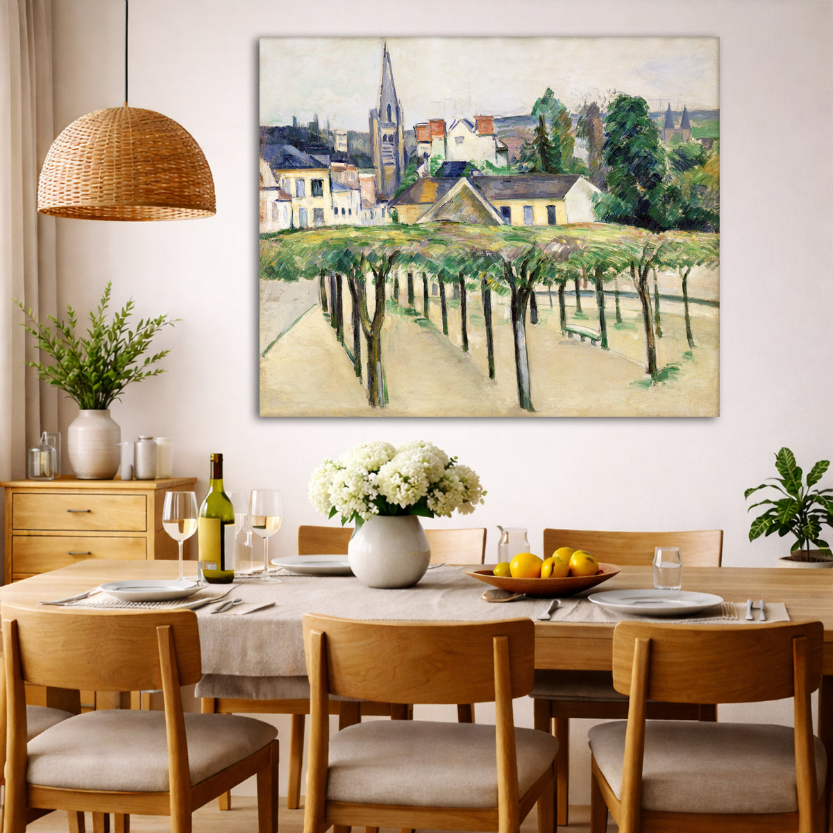 Paul Cézanne - Village Square Giclée canvas wall art displayed in a dining room interior