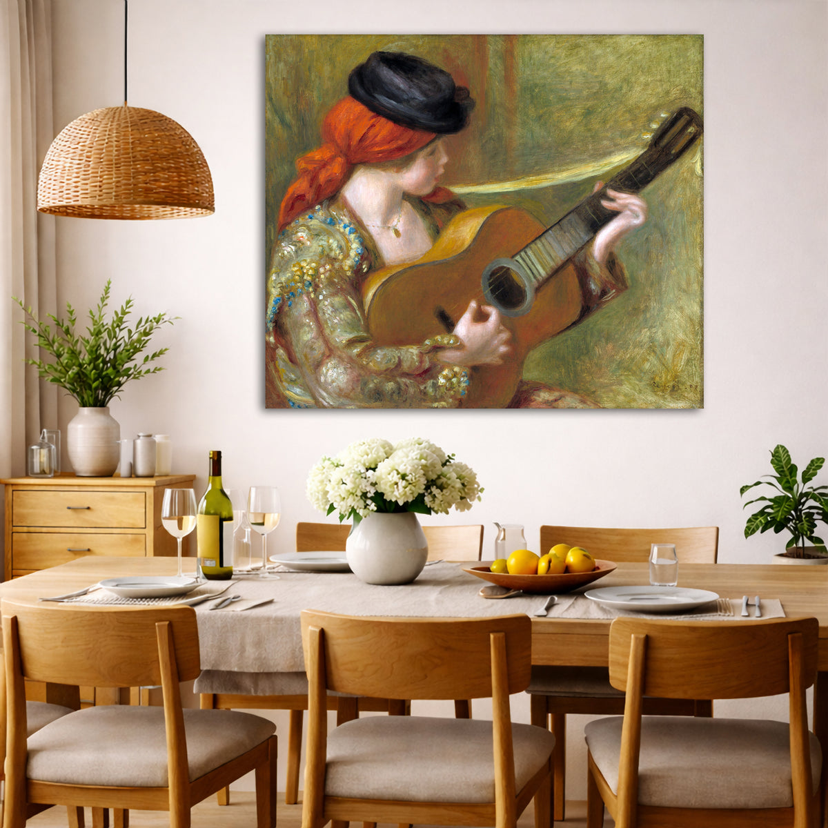 Pierre-Auguste Renoir - Spanish Woman with Guitar Giclée canvas wall art displayed in a dining room interior