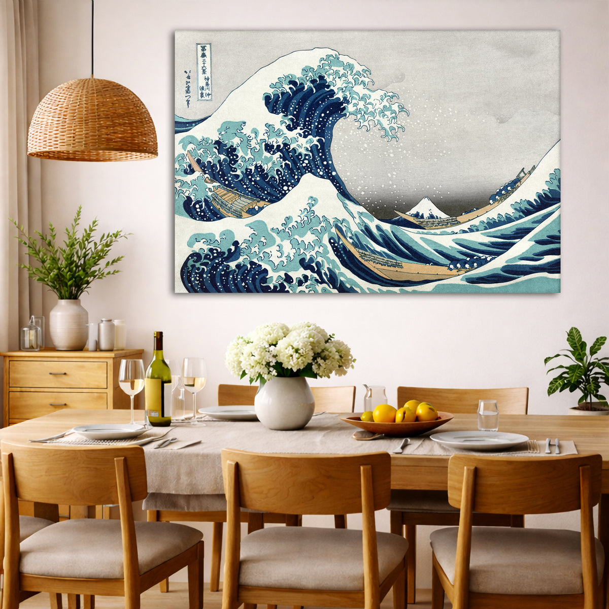 Katsushika Hokusai - The Great Wave off Kanagawa Giclée canvas wall art displayed in a dining room interior