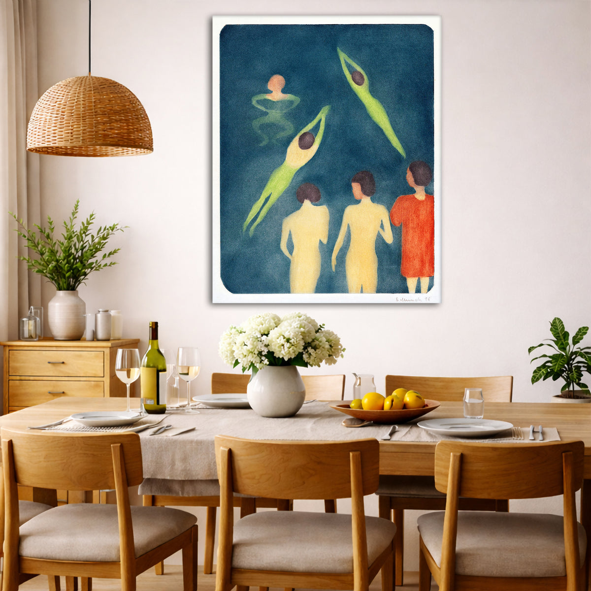 Edvard Munch - Bathing Boys Giclée canvas wall art displayed in a dining room interior