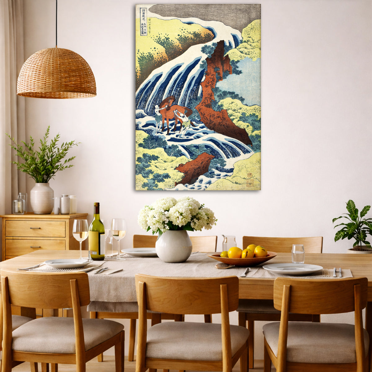 Katsushika Hokusai - Yoshitsune Waterfall Giclée canvas wall art displayed in a dining room interior