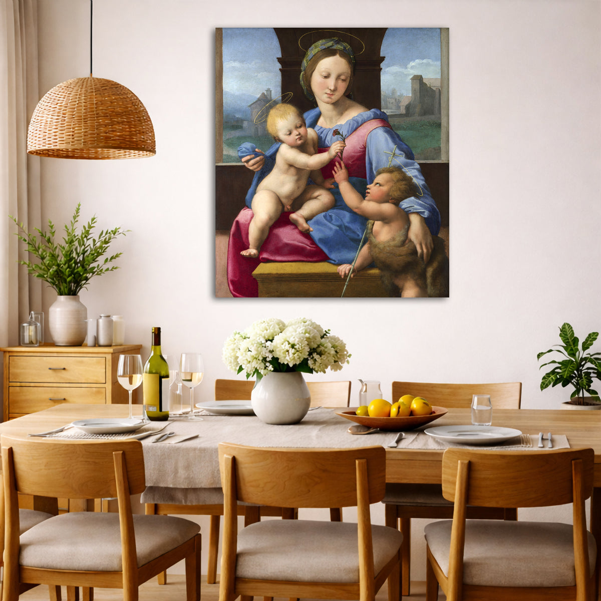 Raphael - Madonna and Child Giclée canvas wall art displayed in a dining room interior
