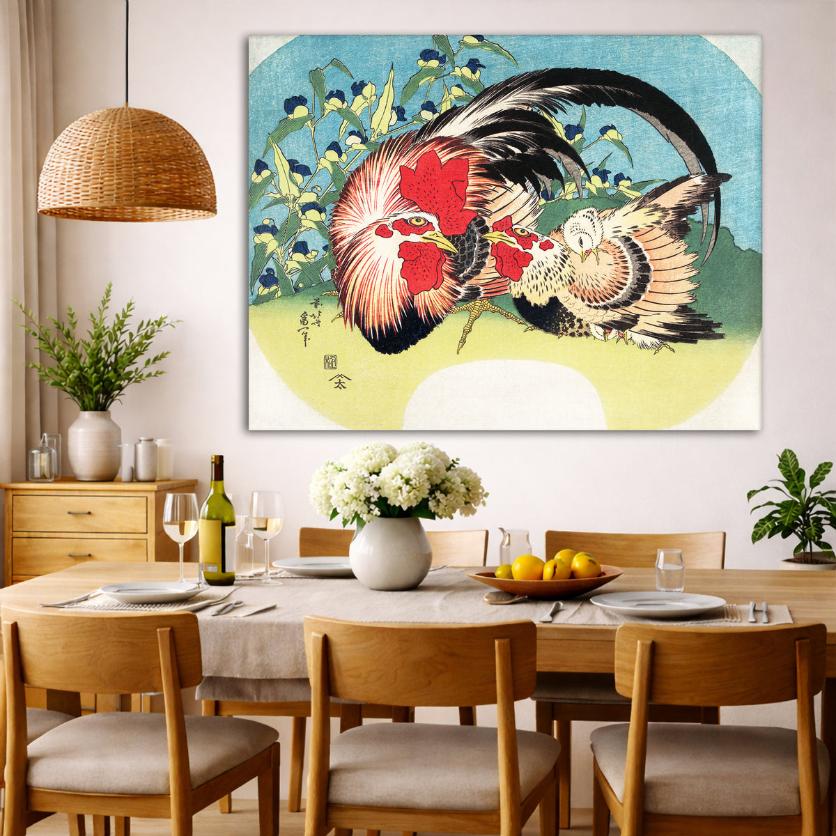 Katsushika Hokusai - Rooster Hen Chick Giclée canvas wall art displayed in a dining room interior