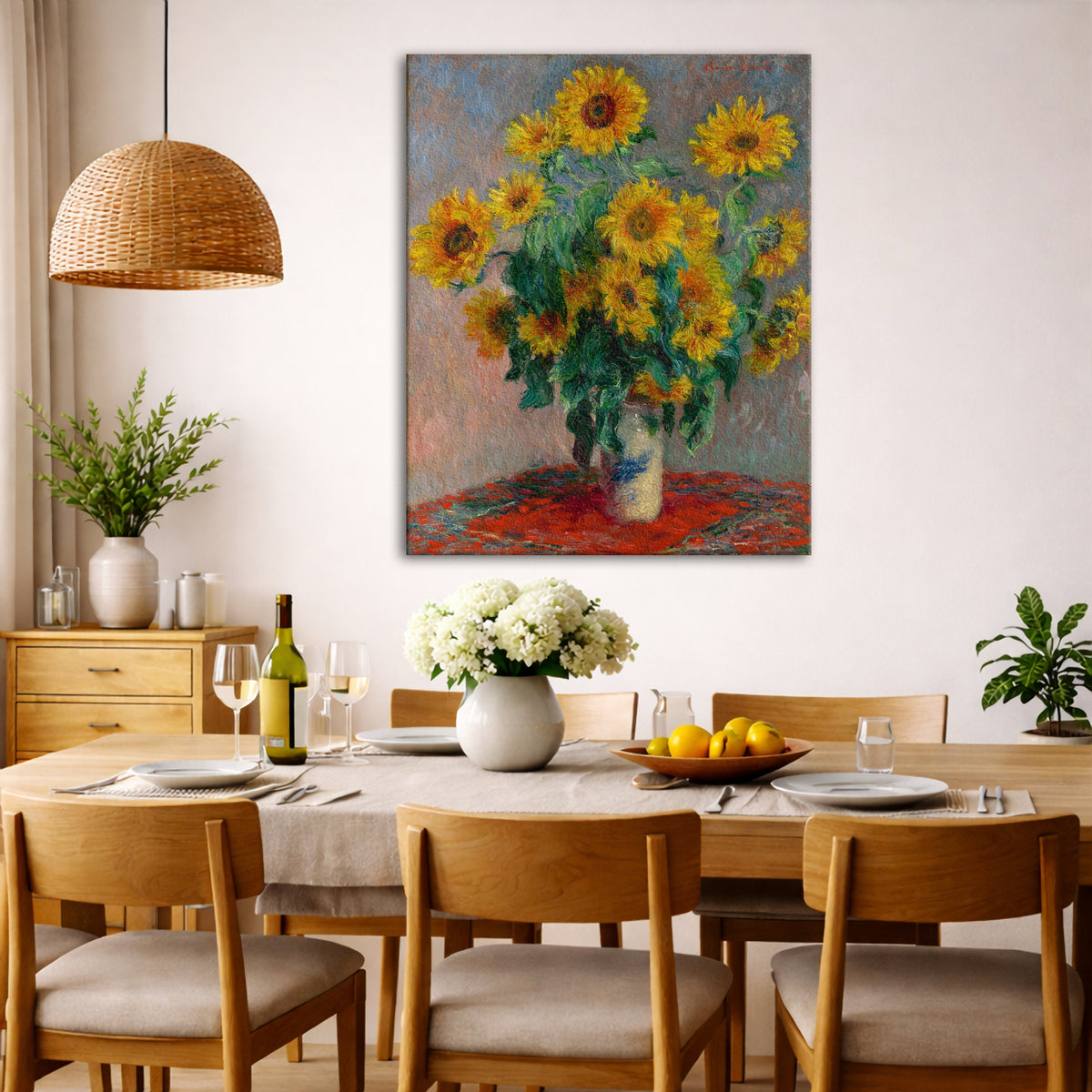 Claude Monet - Sunflowers Giclée canvas wall art displayed in a dining room interior