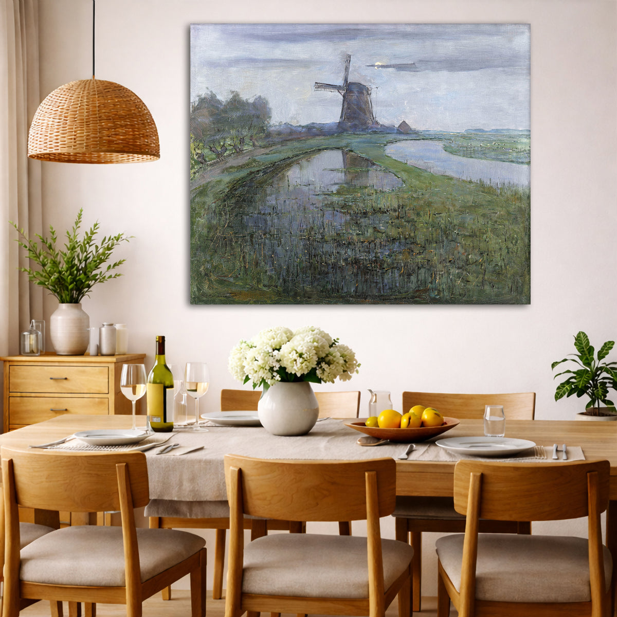 Piet Mondrian - Windmill by Moonlight Giclée canvas wall art displayed in a dining room interior