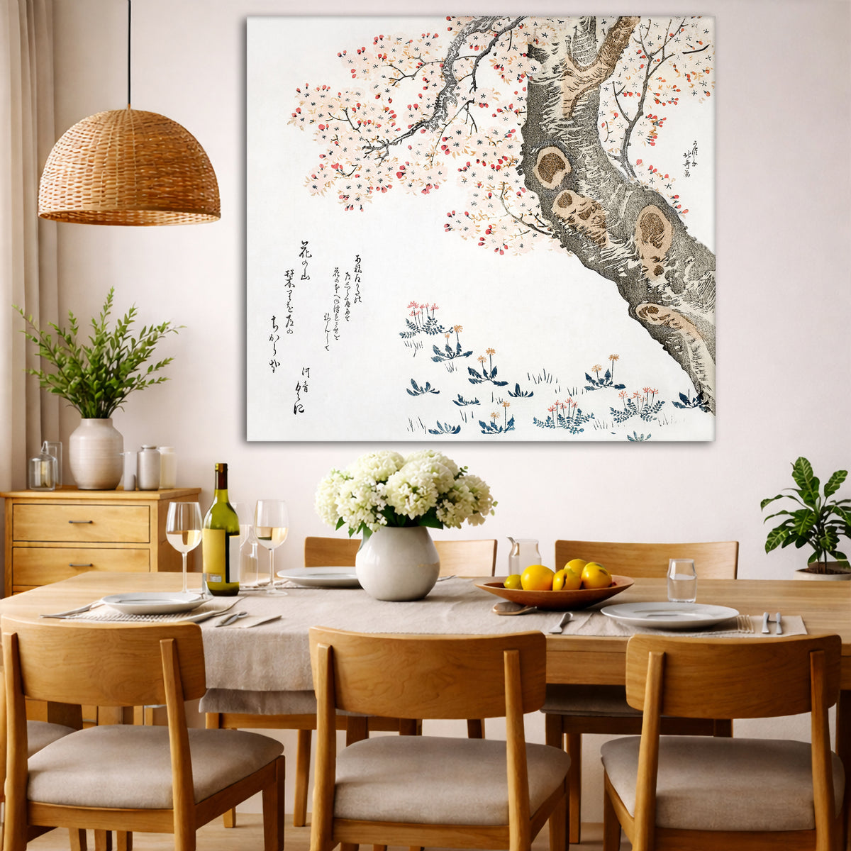 Katsushika Hokusai - Cherry Blossoms Giclée canvas wall art displayed in a dining room interior