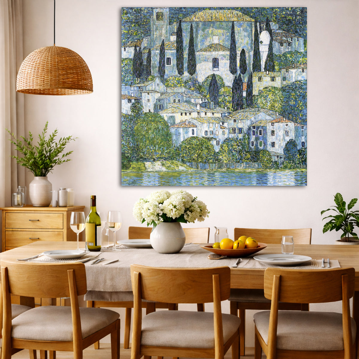 Gustav Klimt - Church in Cassone Giclée canvas wall art displayed in a dining room interior