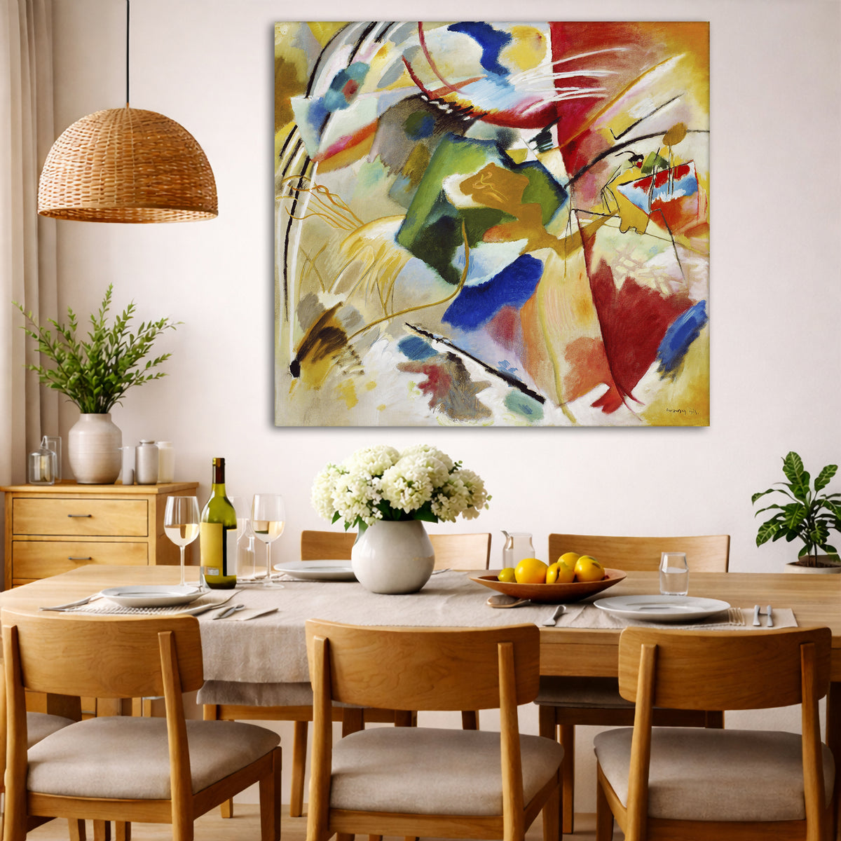 Wassily Kandinsky - Painting with Green Center Giclée canvas wall art displayed in a dining room interior