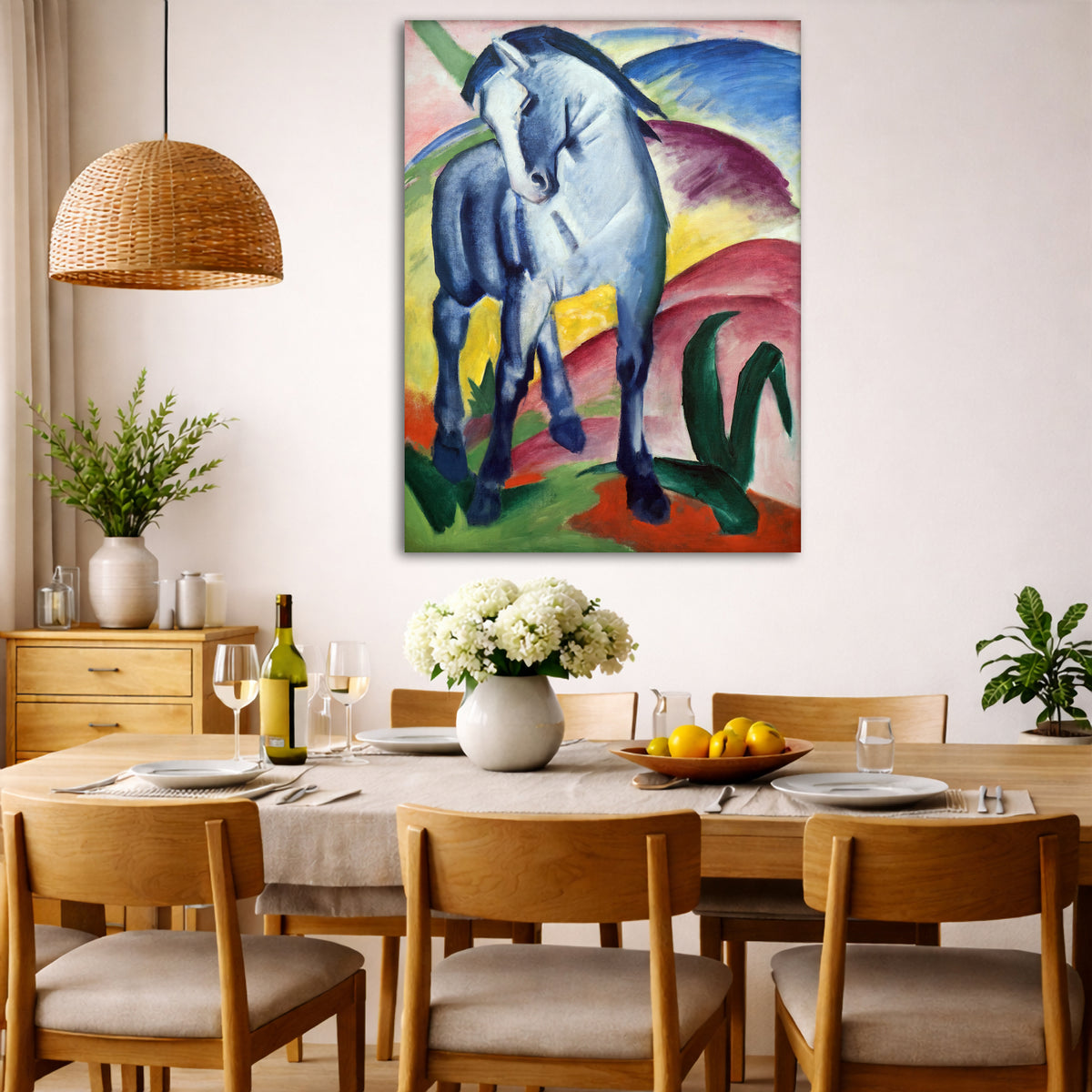 Franz Marc - The Blue Horse Giclée canvas wall art displayed in a dining room interior