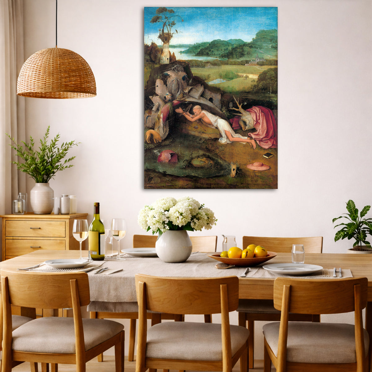 Hieronymus Bosch - St. Jerome at Prayer Giclée canvas wall art displayed in a dining room interior