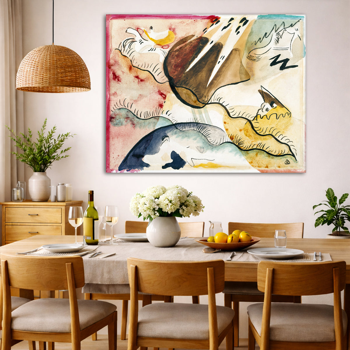 Wassily Kandinsky - Landscape with Rain Giclée canvas wall art displayed in a dining room interior