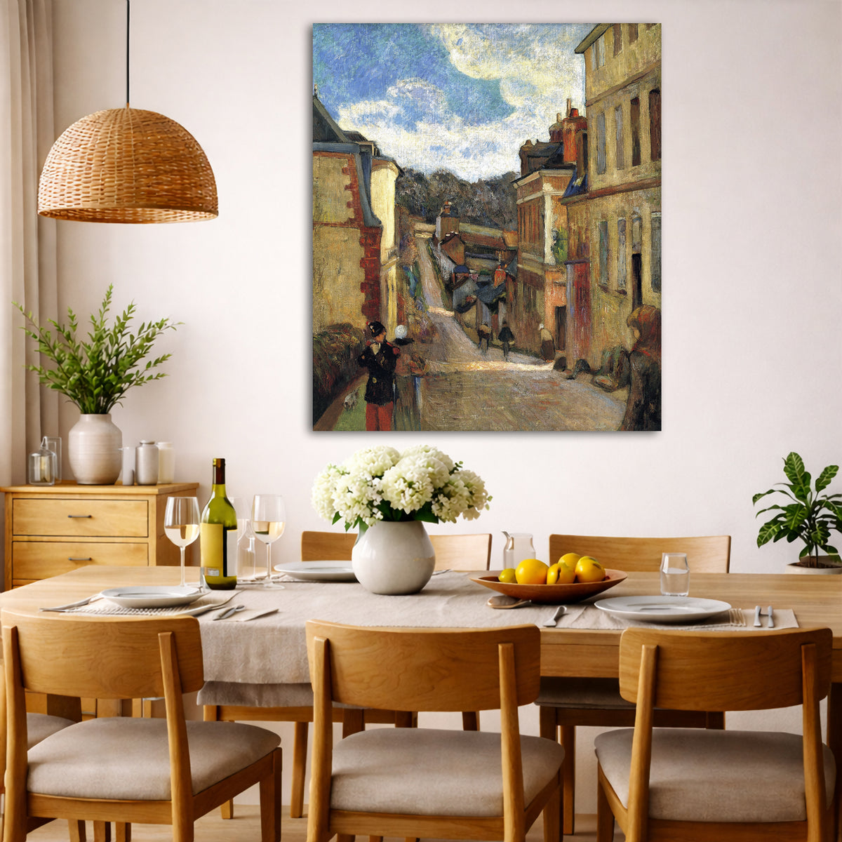 Paul Gauguin - Rue Jouvenet in Rouen Giclée canvas wall art displayed in a dining room interior