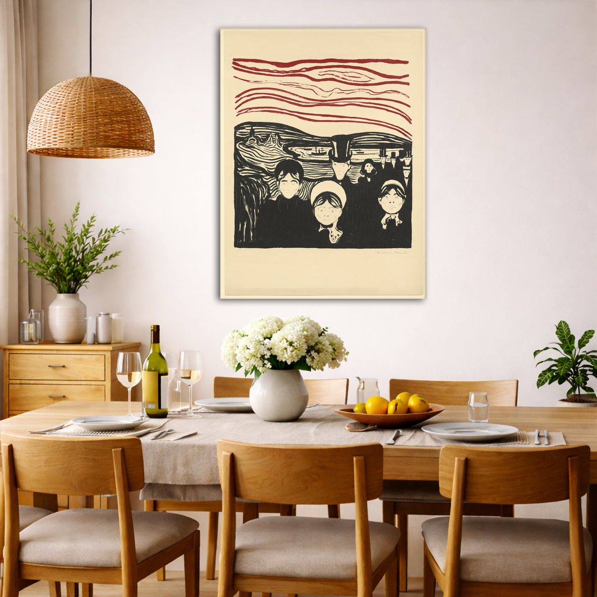 Edvard Munch - Anxiety 1896 Giclée canvas wall art displayed in a dining room interior
