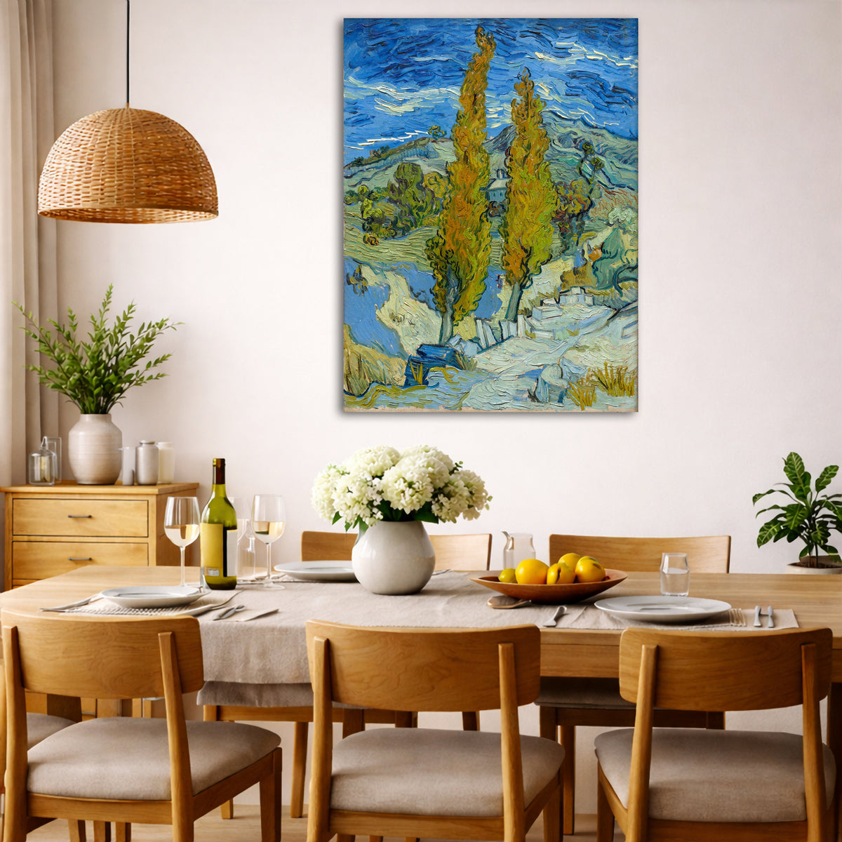 Vincent van Gogh - Poplars at Saint Remy Giclée canvas wall art displayed in a dining room interior