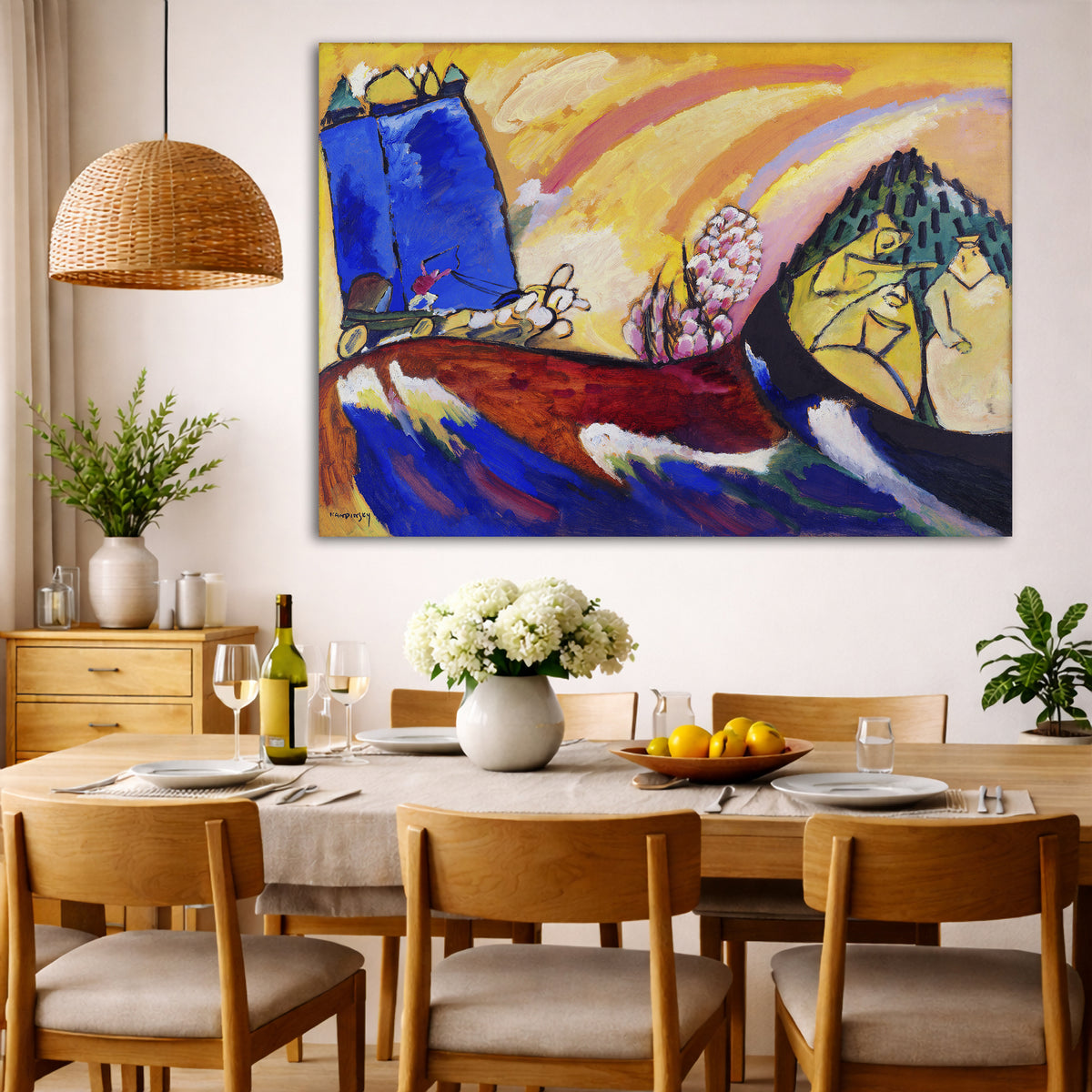 Wassily Kandinsky - Painting with Troika Giclée canvas wall art displayed in a dining room interior
