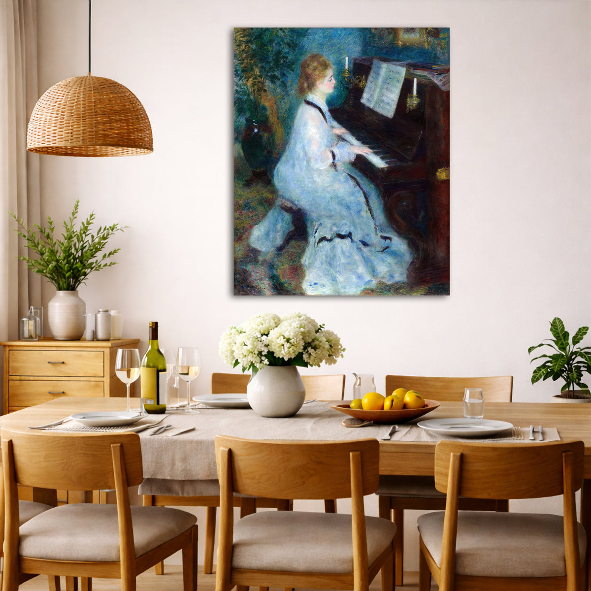 Pierre-Auguste Renoir - Woman at the Piano Giclée canvas wall art displayed in a dining room interior