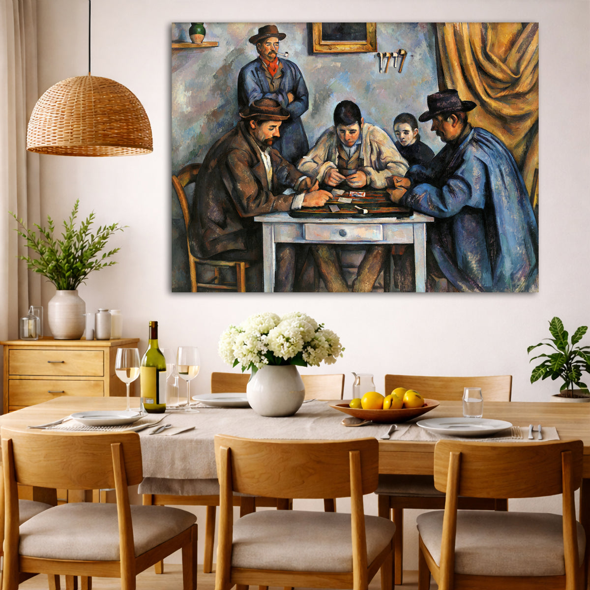 Paul Cézanne - The Card Players Giclée canvas wall art displayed in a dining room interior