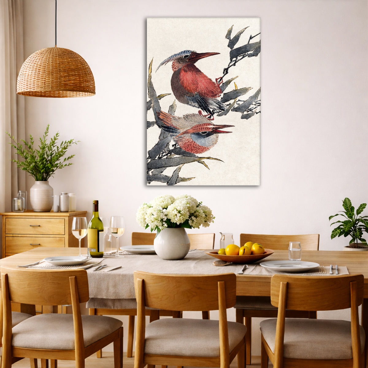Katsushika Hokusai - Birds Giclée canvas wall art displayed in a dining room interior