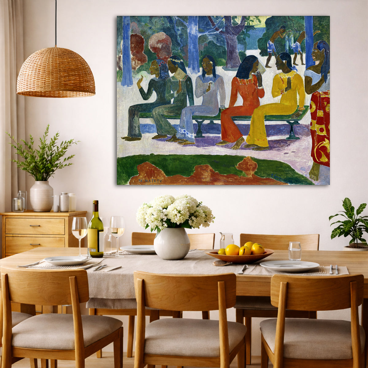 Paul Gauguin - We Shall Not Go to the Market Giclée canvas wall art displayed in a dining room interior