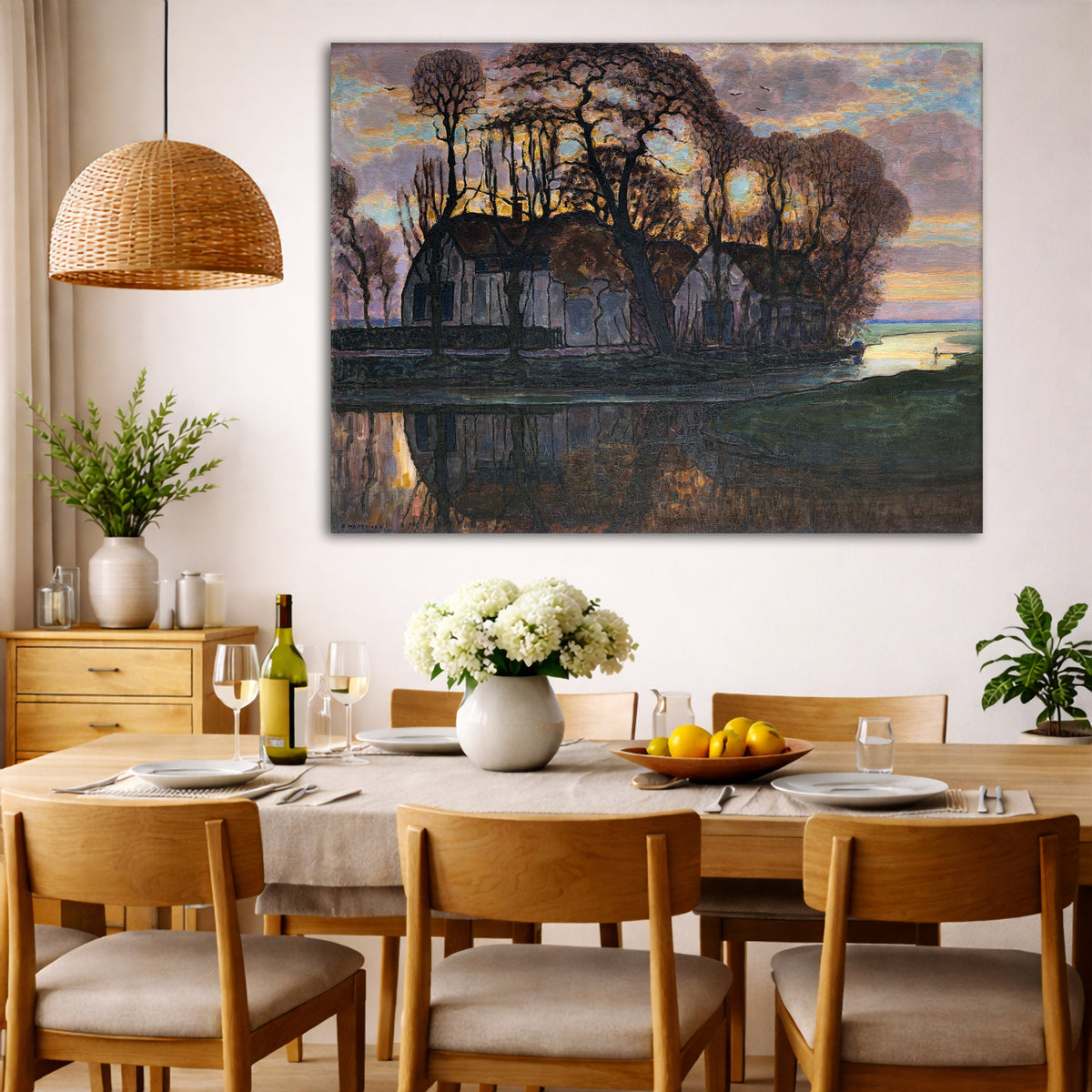 Piet Mondrian - Farm Near Duivendrecht Giclée canvas wall art displayed in a dining room interior