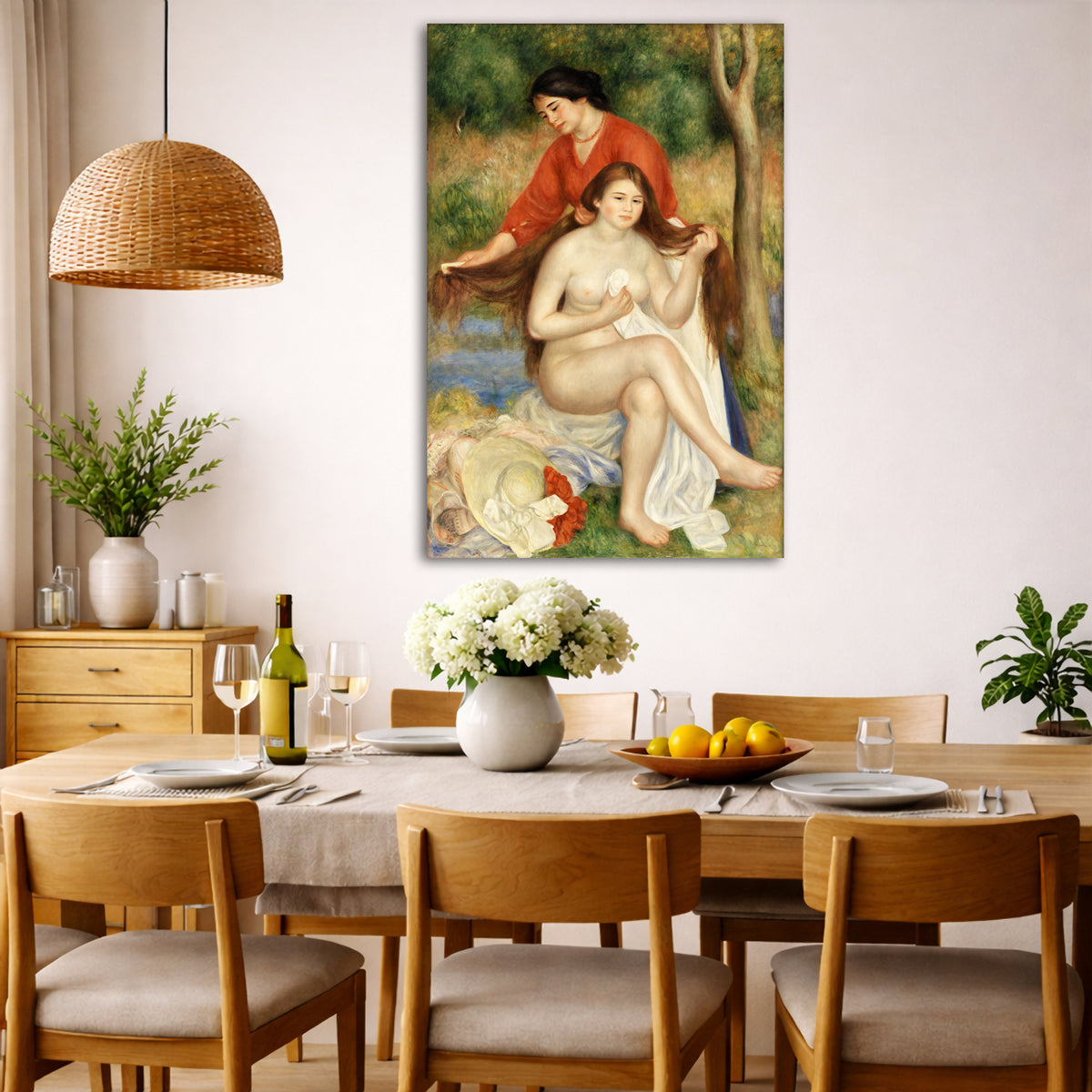Pierre-Auguste Renoir - Bather and Maid Giclée canvas wall art displayed in a dining room interior