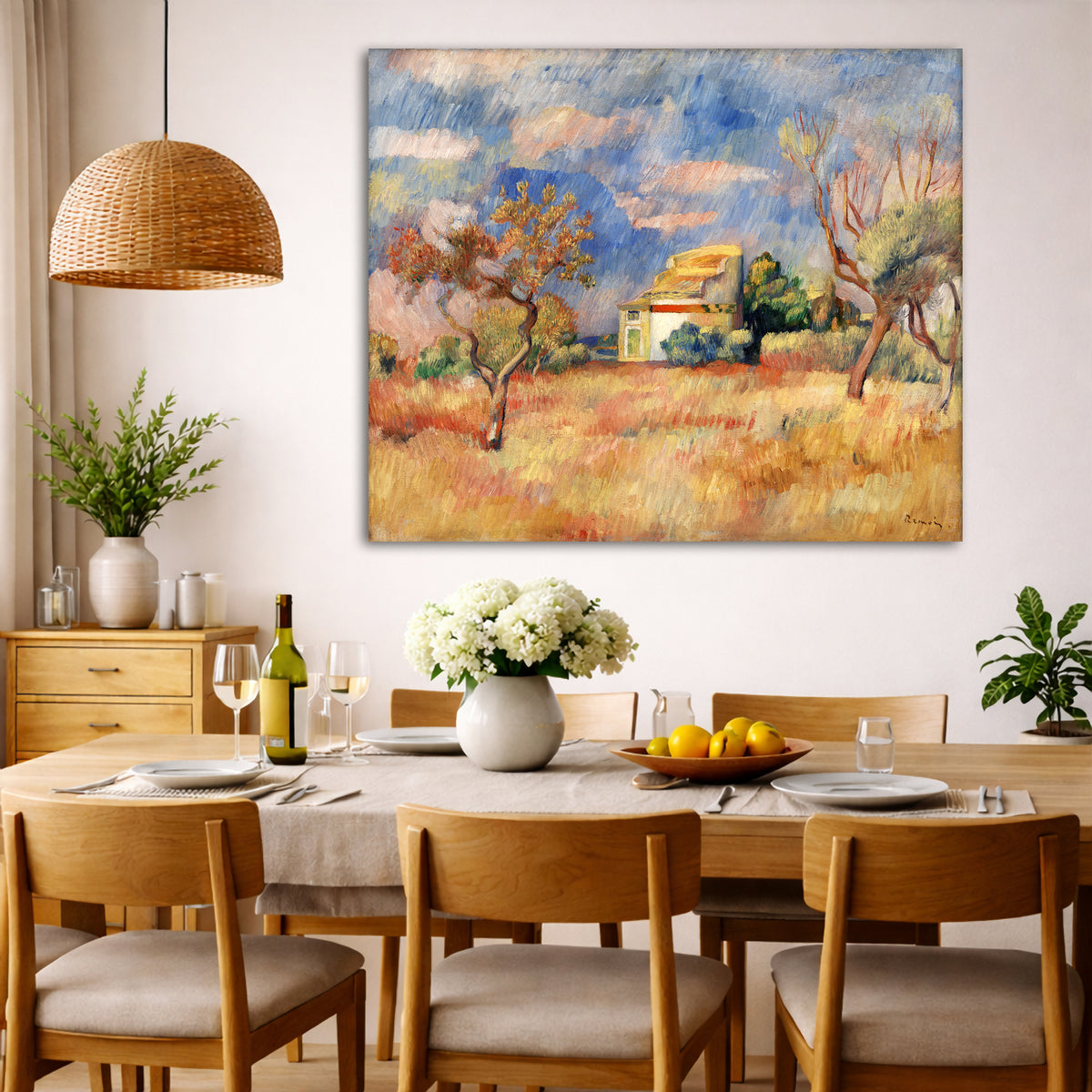 Pierre-Auguste Renoir - The Dovecote at Bellevue Giclée canvas wall art displayed in a dining room interior