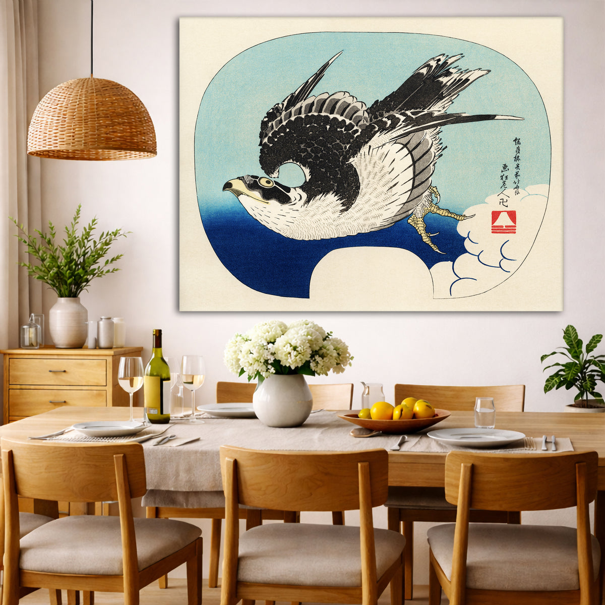 Katsushika Hokusai - Falcon Giclée canvas wall art displayed in a dining room interior