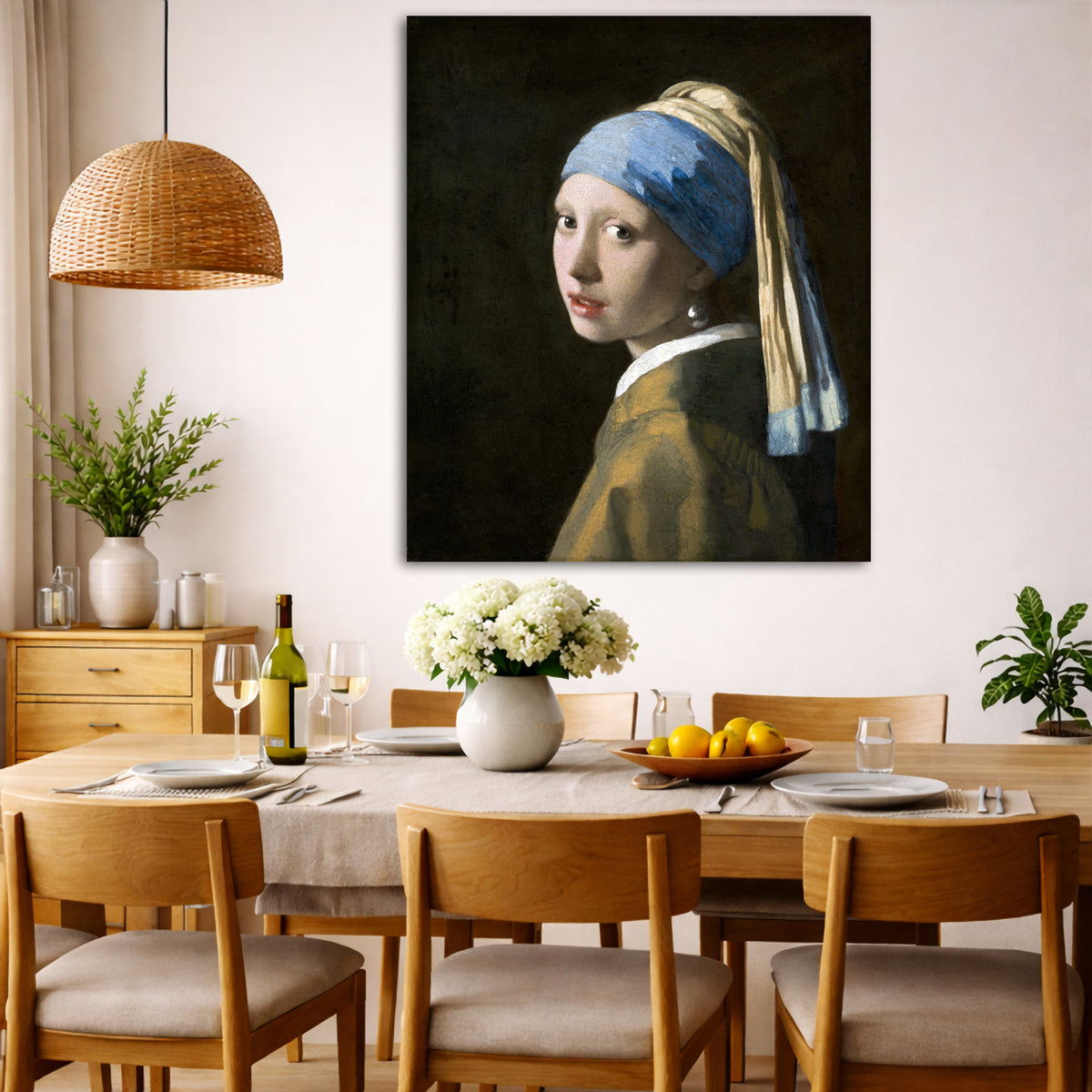 Jan Vermeer - Girl with a Pearl Earring Giclée canvas wall art displayed in a dining room interior