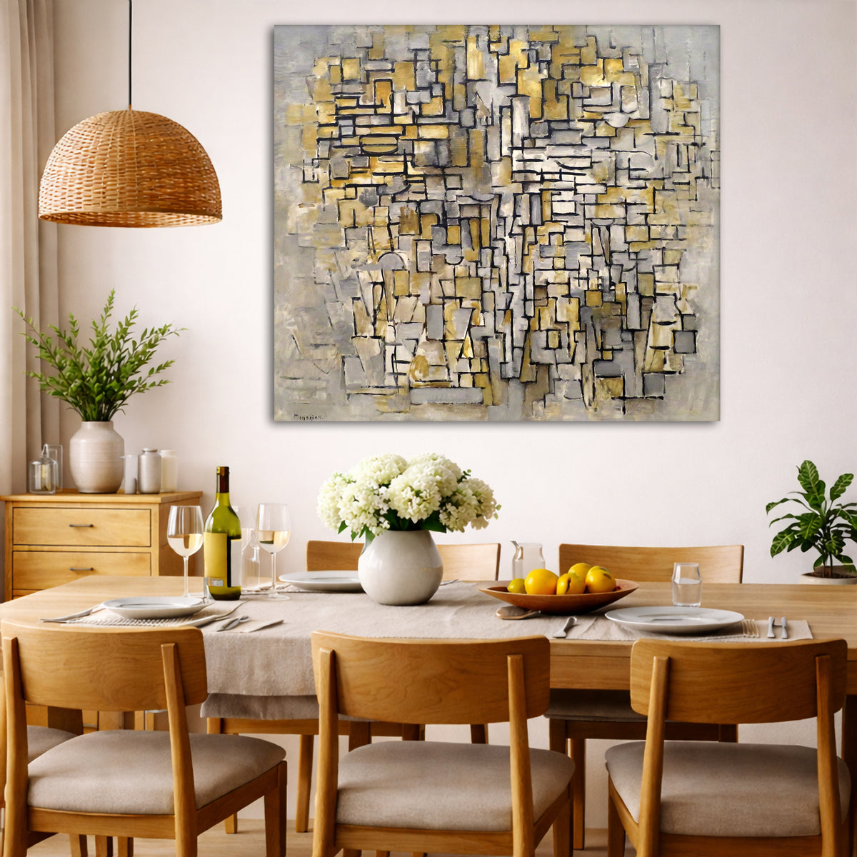 Piet Mondrian - Tableau No 2 Composition VII Giclée canvas wall art displayed in a dining room interior