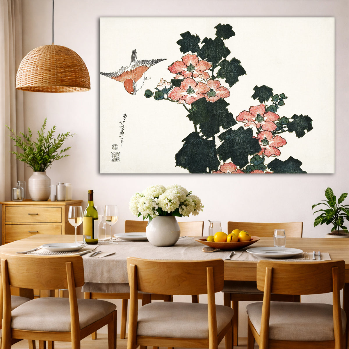 Katsushika Hokusai - Red Roses and Bird Giclée canvas wall art displayed in a dining room interior