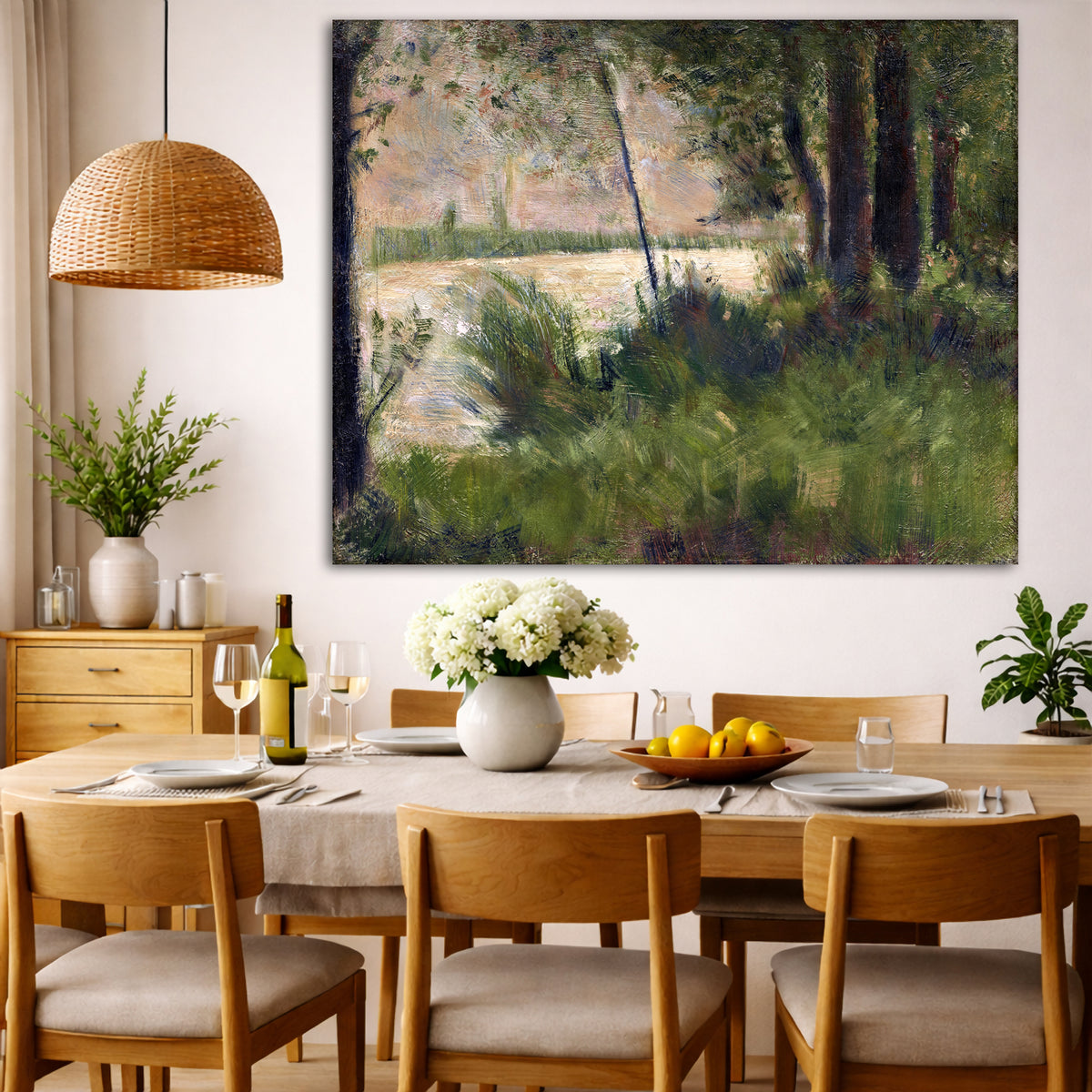 Georges Seurat - Grassy Riverbank Giclée canvas wall art displayed in a dining room interior