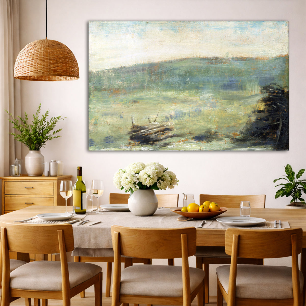 Georges Seurat - Landscape at Saint-Ouen Giclée canvas wall art displayed in a dining room interior