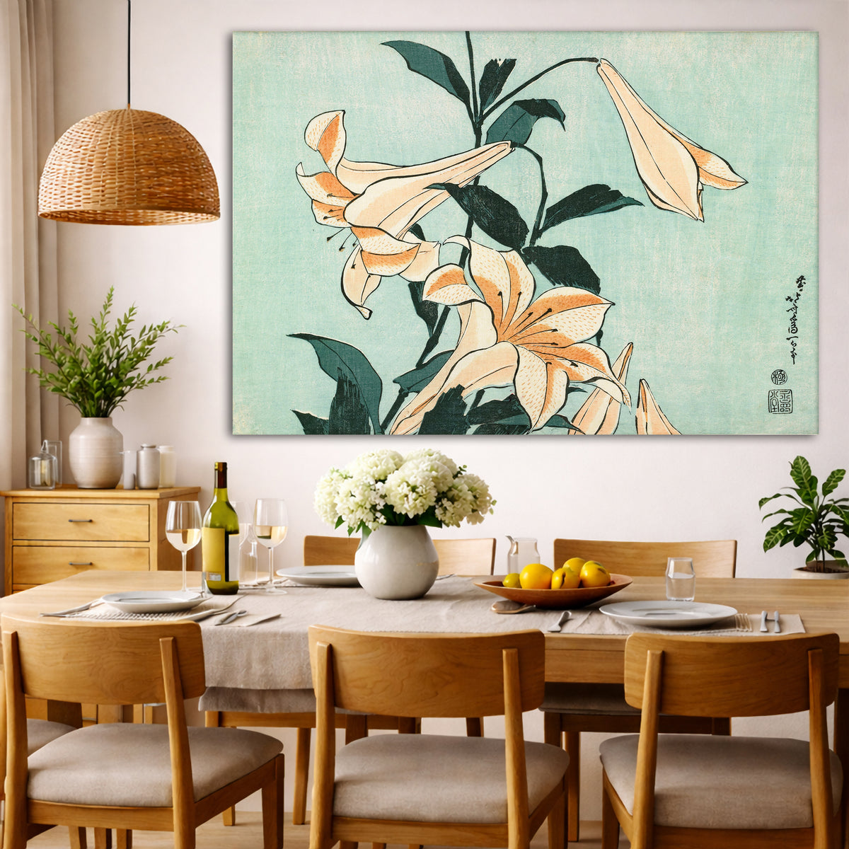 Katsushika Hokusai - Lilies Giclée canvas wall art displayed in a dining room interior