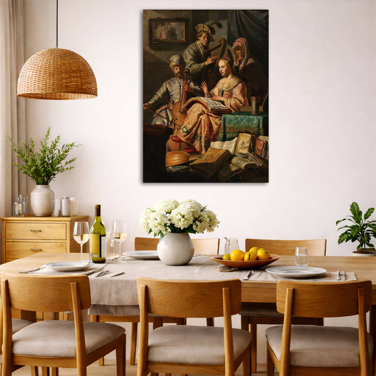Rembrandt van Rijn - The Music Party Giclée canvas wall art displayed in a dining room interior