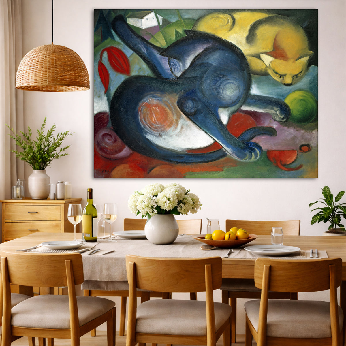 Franz Marc - Two Cats Blue Yellow Giclée canvas wall art displayed in a dining room interior