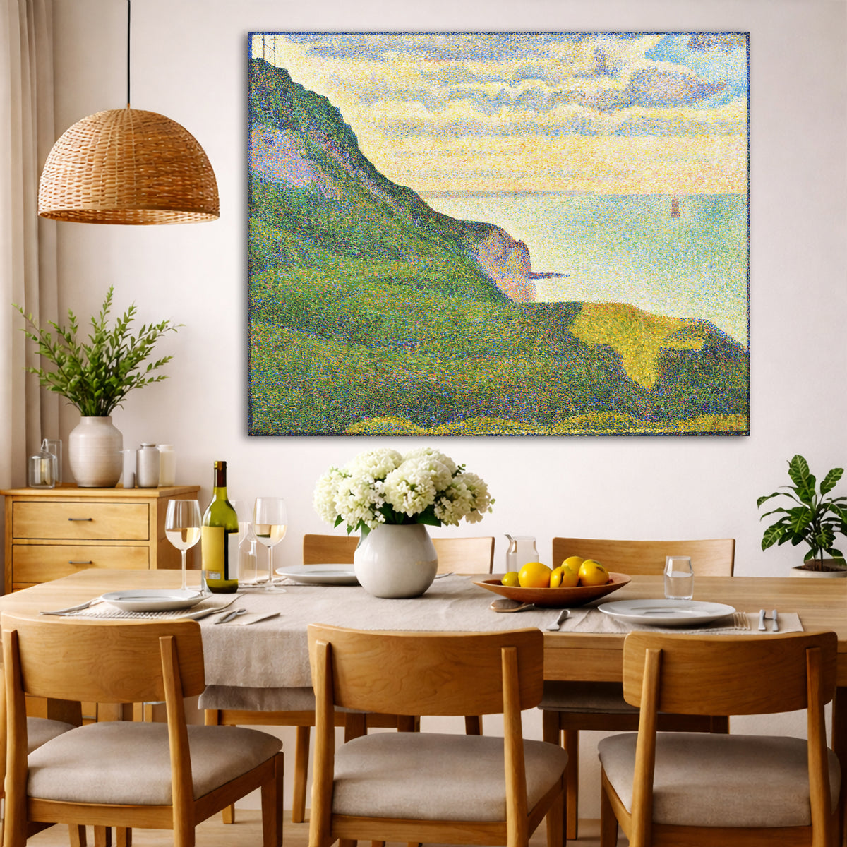 Georges Seurat - Seascape at Port-en-Bessin, Normandy Giclée canvas wall art displayed in a dining room interior