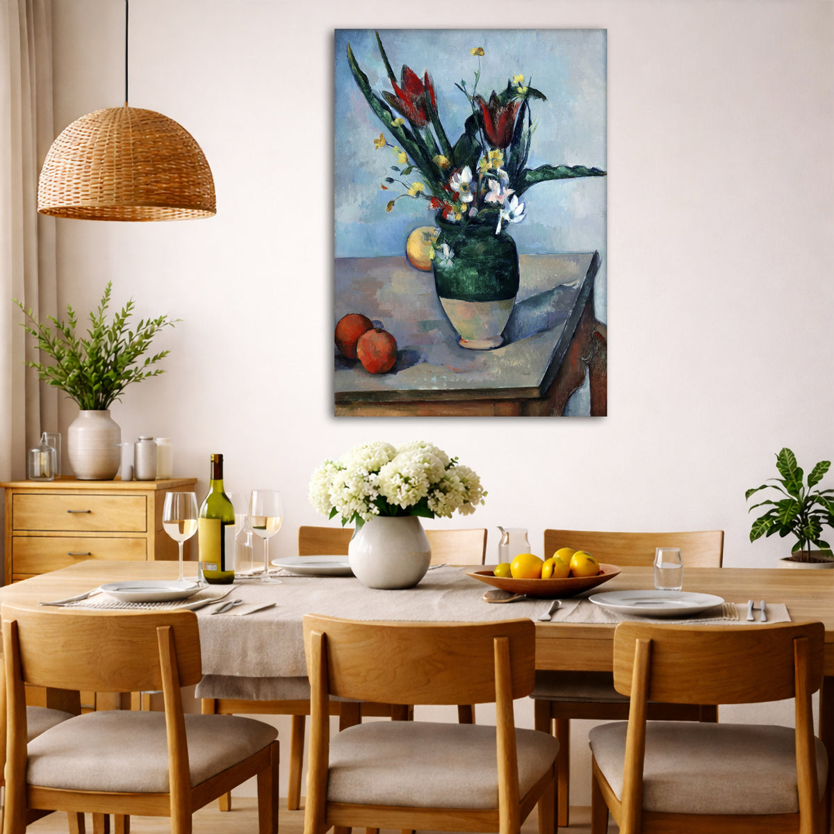 Paul Cézanne - Vase of Tulips Giclée canvas wall art displayed in a dining room interior