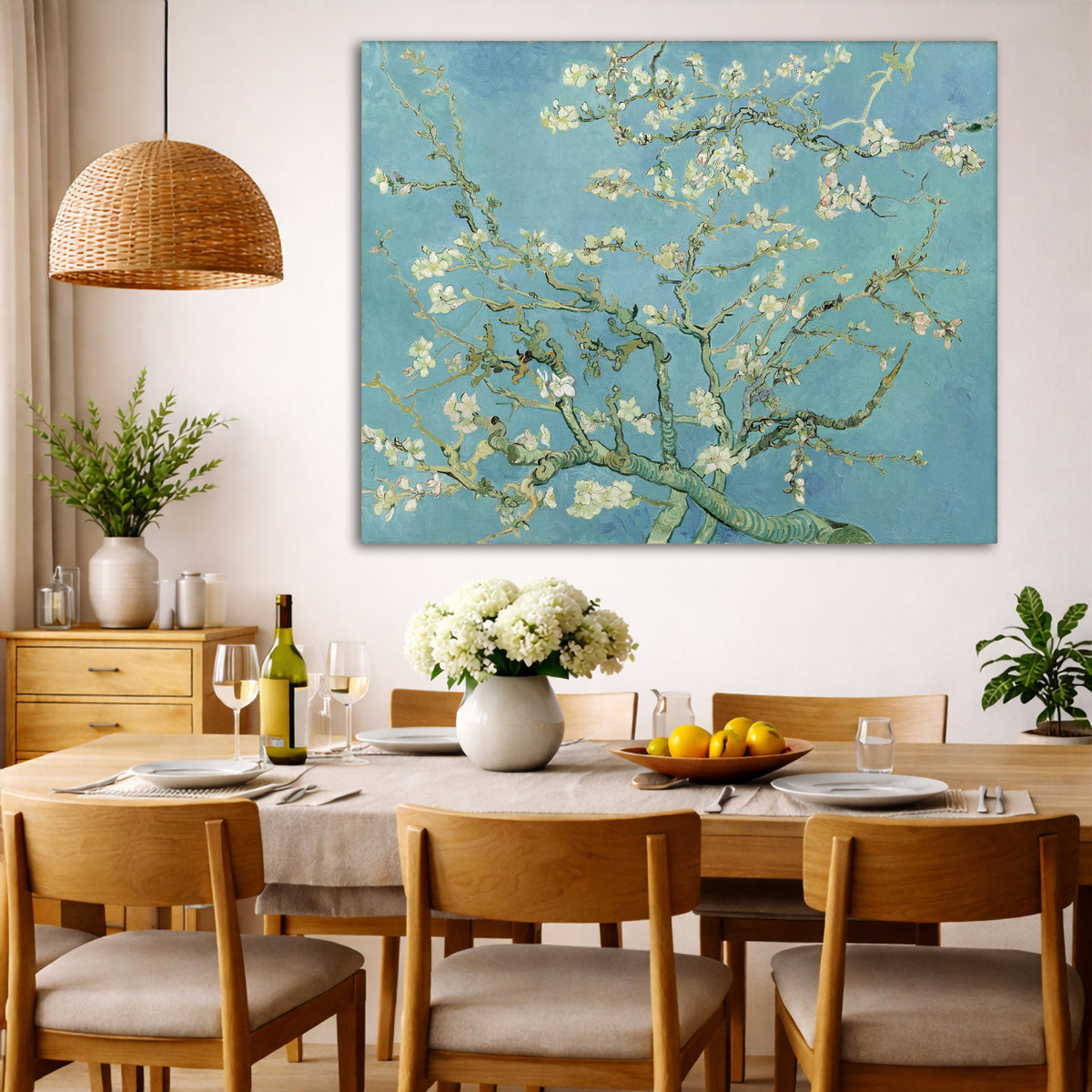 Vincent van Gogh - Almond Blossoms Giclée canvas wall art displayed in a dining room interior