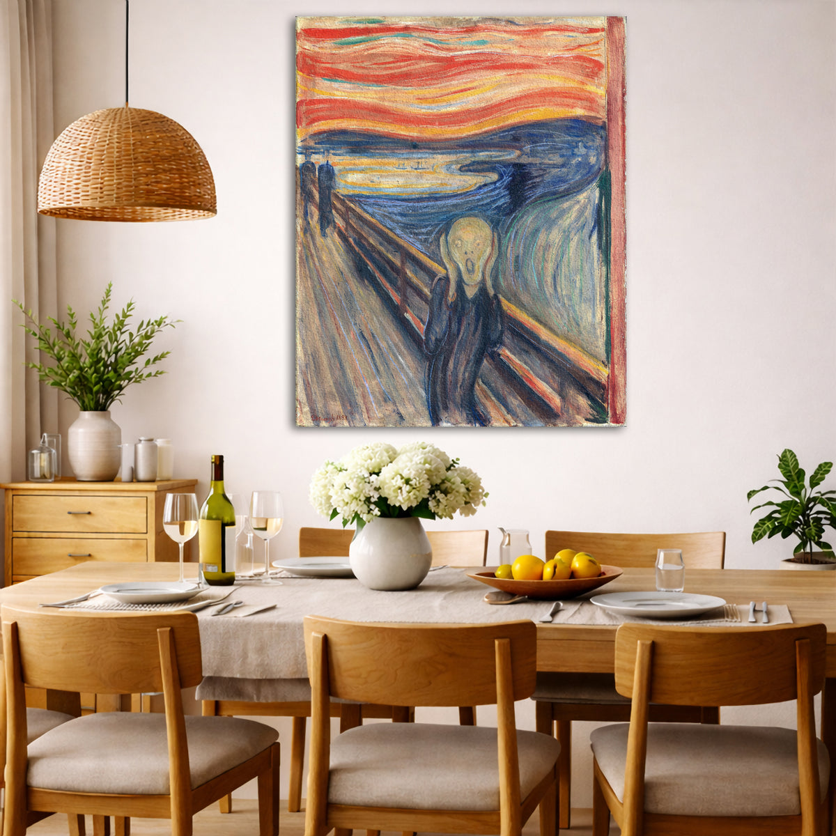 Edvard Munch - The Scream Giclée canvas wall art displayed in a dining room interior